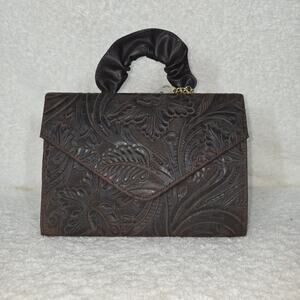 Mexican Floral Embossed Dark Brown Genuine Leather Top-Handle Bag